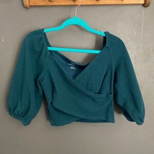 Anthropologie size medium quarter sleeve length dark teal wrap crop top EUC